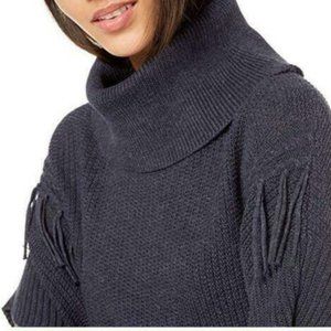 ANNE KLEIN FRINGE TURTLENECK PONCHO SWEATER IN DENIM HEATHER SZ L/XL COZY KNIT